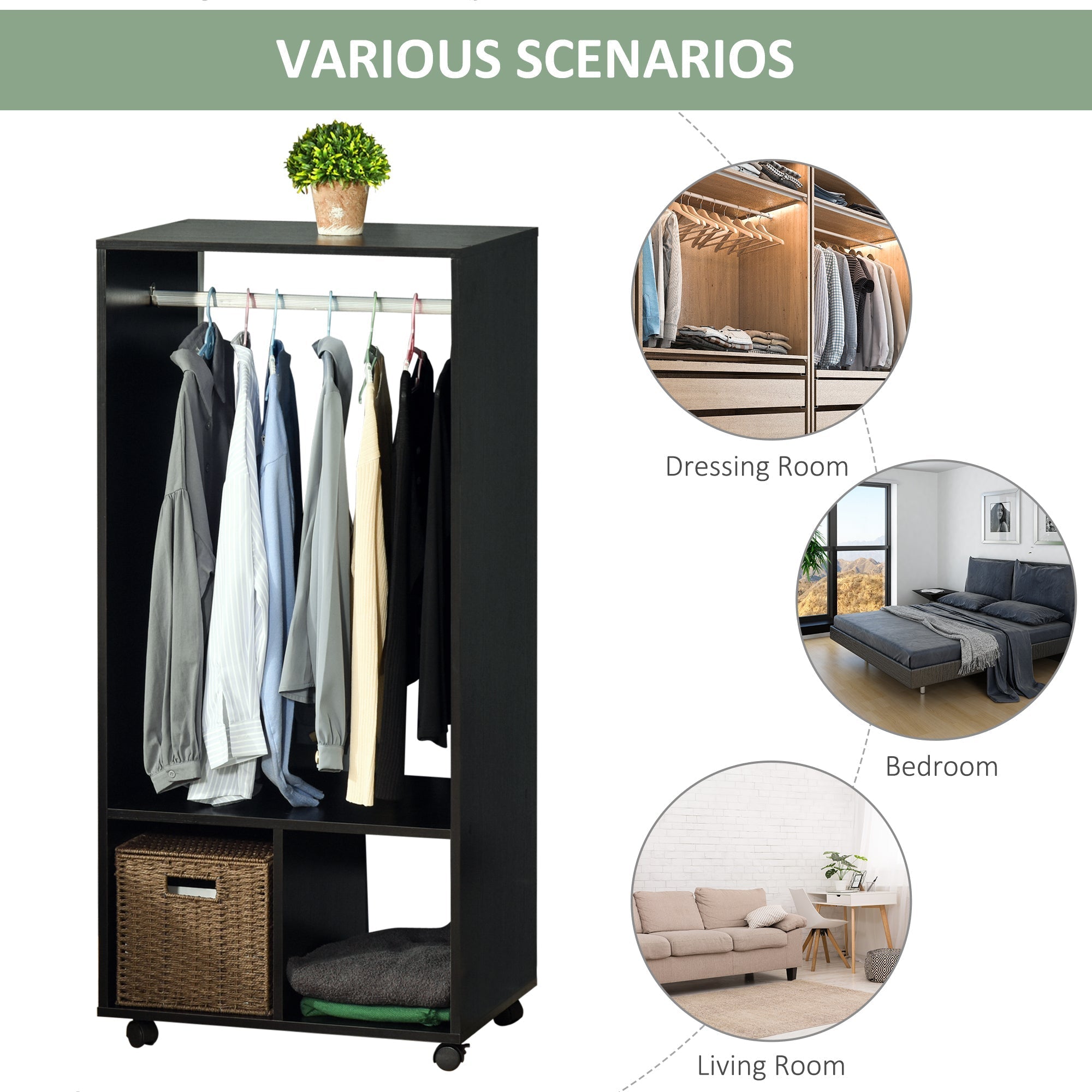 Black HOMCOM open wardrobe on wheels with aluminium hanging rail and particle board shelves for cloakroom storage