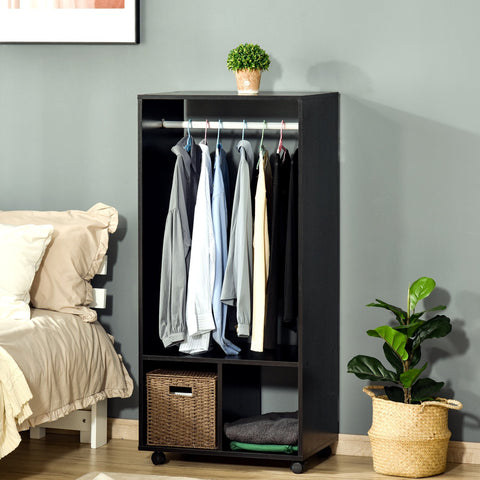 Black homcom open wardrobe on wheels with aluminium hanging rail particle board shelves and woven basket storage