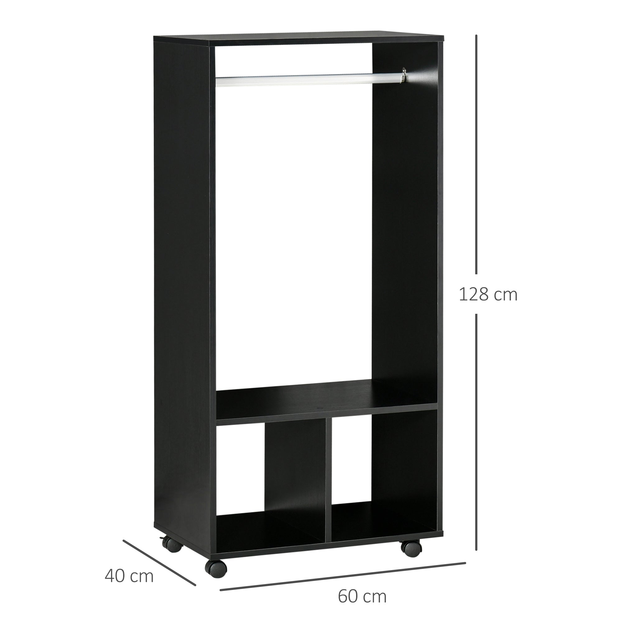 Black homcom open wardrobe on wheels with aluminium hanging rail and particle board shelves for bedroom storage