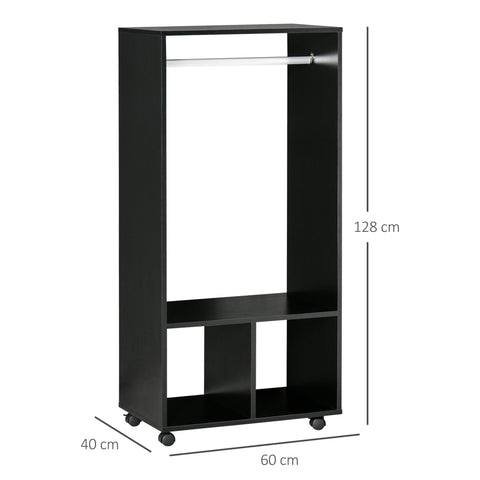Black homcom open wardrobe on wheels with aluminium hanging rail and particle board shelves for bedroom storage