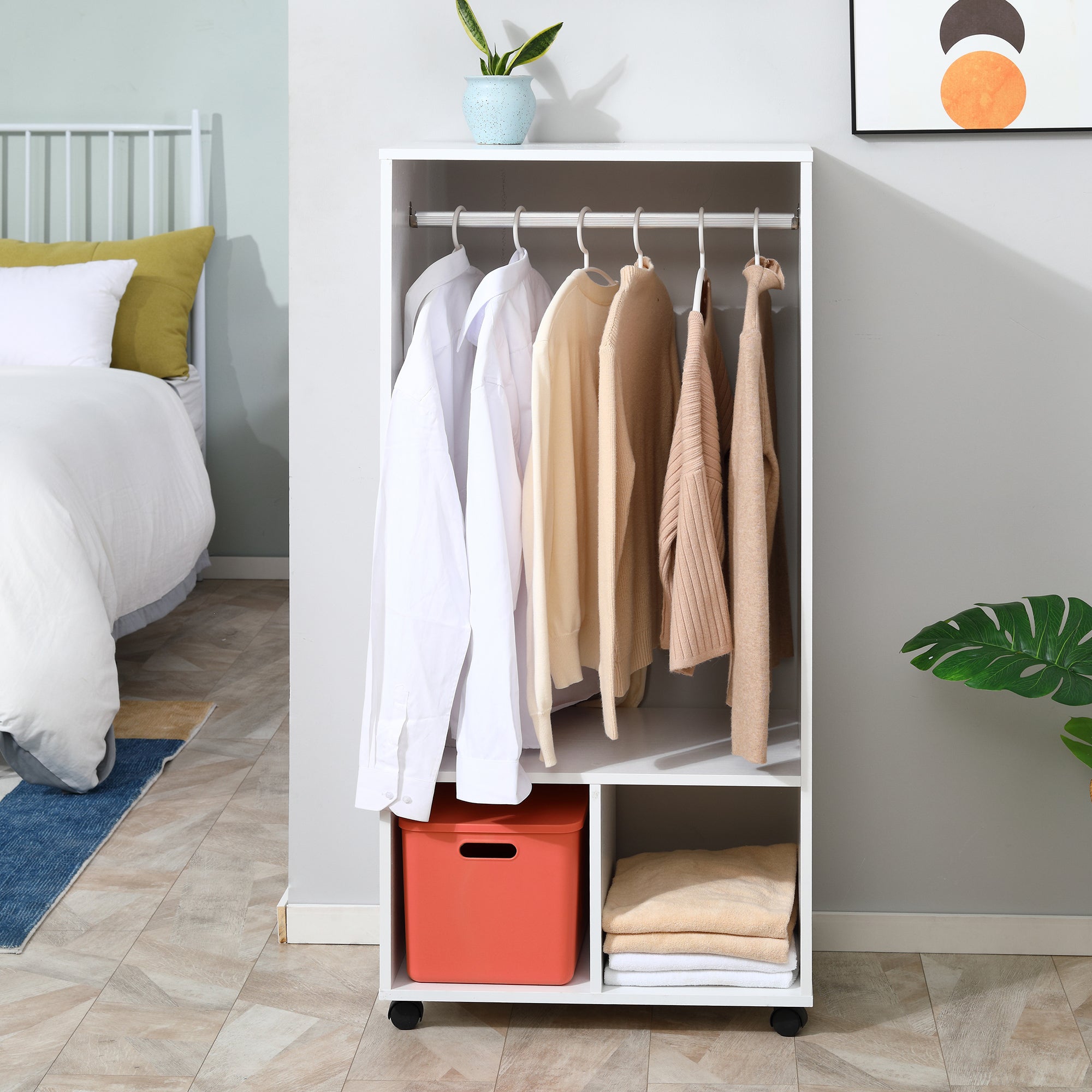 White minimalist homcom open wardrobe on wheels with aluminium hanging rail particle board shelves and rolling casters