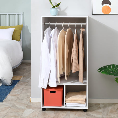 White minimalist homcom open wardrobe on wheels with aluminium hanging rail particle board shelves and rolling casters