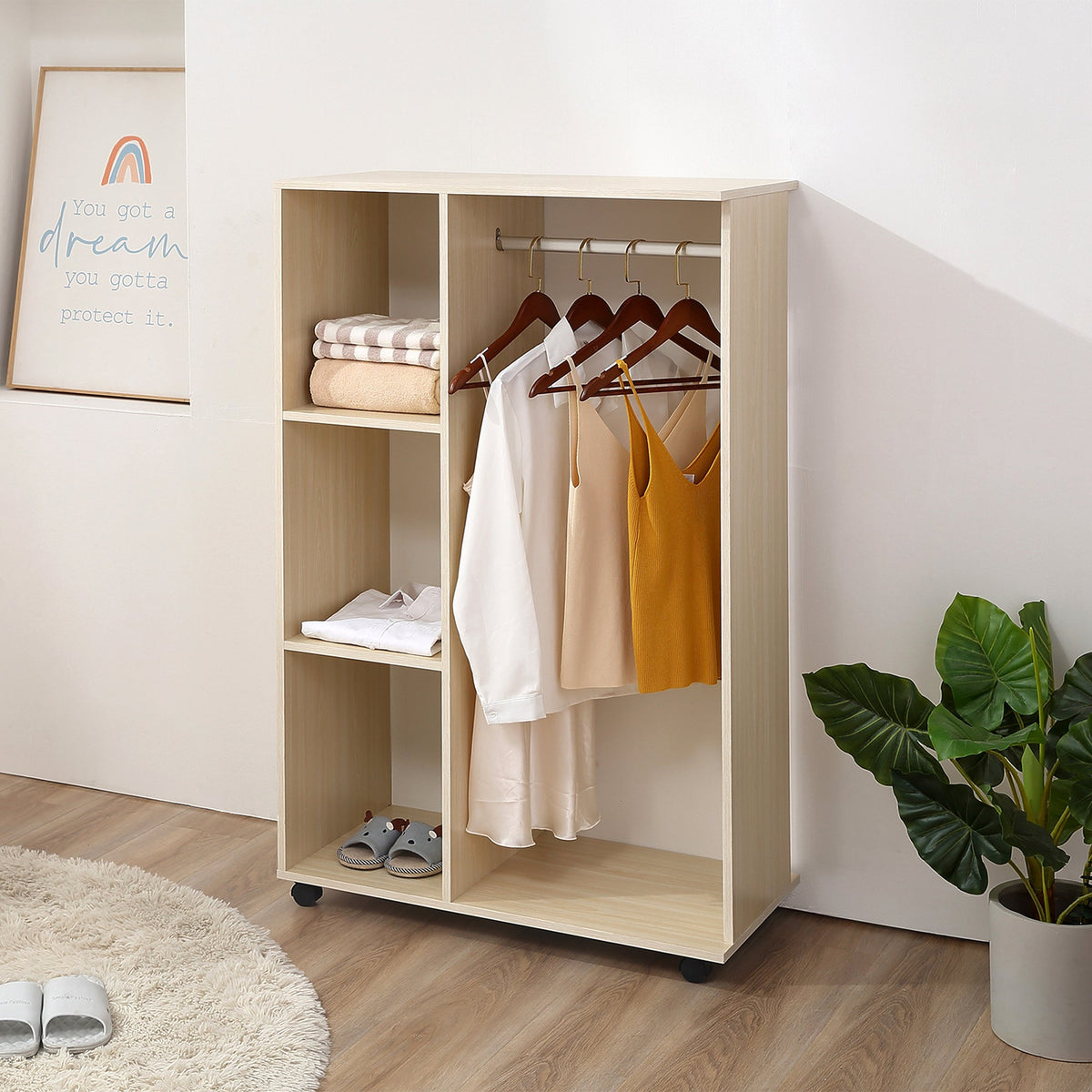 Light wood-finished homcom open wardrobe on wheels with aluminium hanging rail and particle board shelves for bedroom use