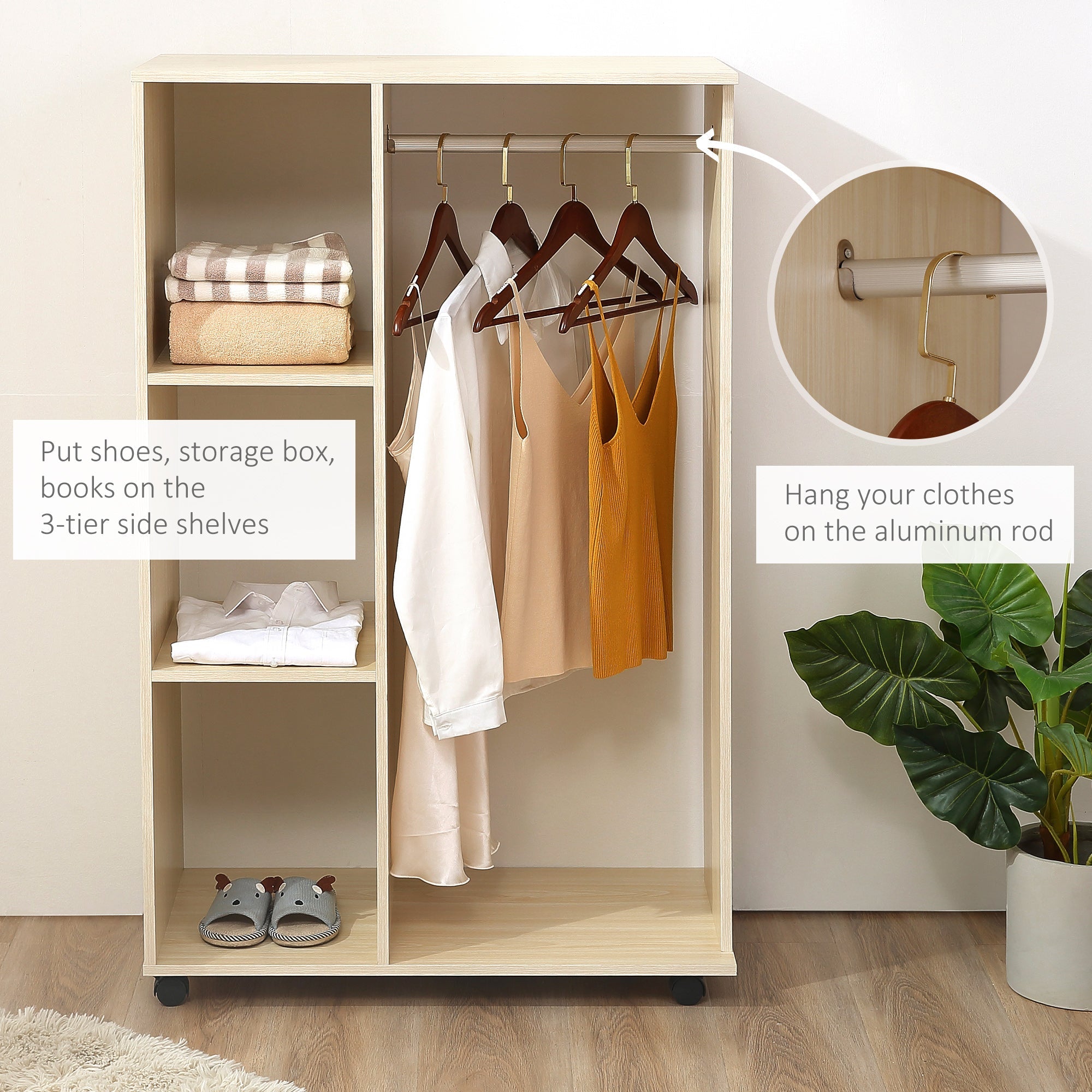 Homcom open wardrobe on wheels in light maple particle board with aluminium hanging rail and three-tier side shelves