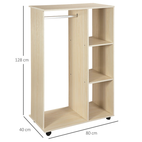 Beige particle board wardrobe with aluminium hanging rail, three open shelves, and black caster wheels for easy mobility