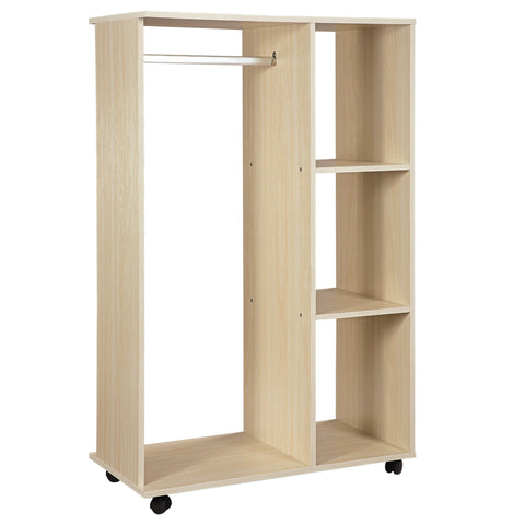 Beige particle board homcom open wardrobe with aluminium hanging rail three shelves and black caster wheels on base