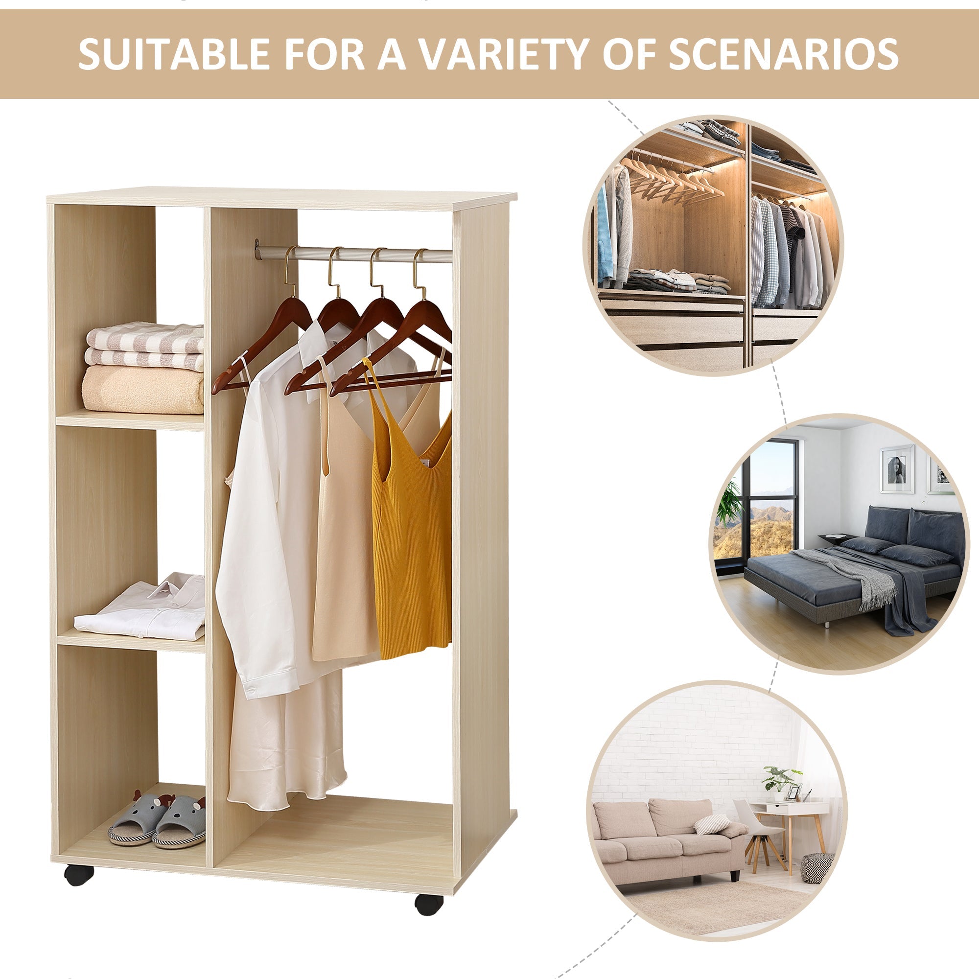 Beige particle board wardrobe with aluminium hanging rail and open shelves on rolling casters for bedroom or hallway