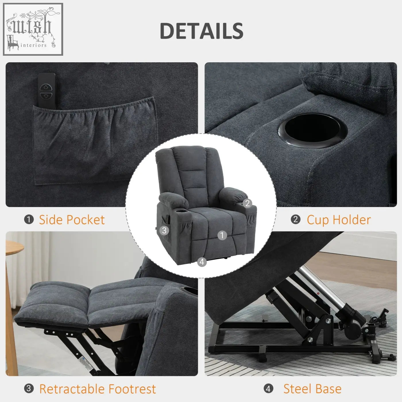 Charcoal grey fabric recliner with cup holder and side pocket designed for easy standing position support
