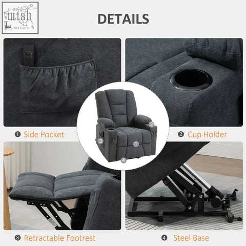 Charcoal grey fabric recliner with cup holder and side pocket designed for easy standing position support