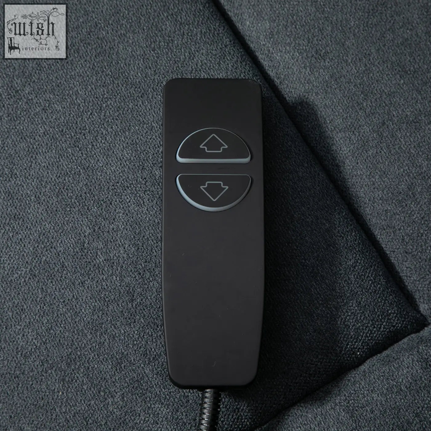 Black remote control with up and down buttons for charcoal grey homcom fabric lift chair with cup holder and standing position