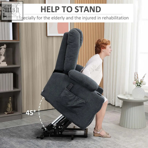 Charcoal grey fabric upholstered recliner chair with cup holder and adjustable 45-degree standing position for elderly