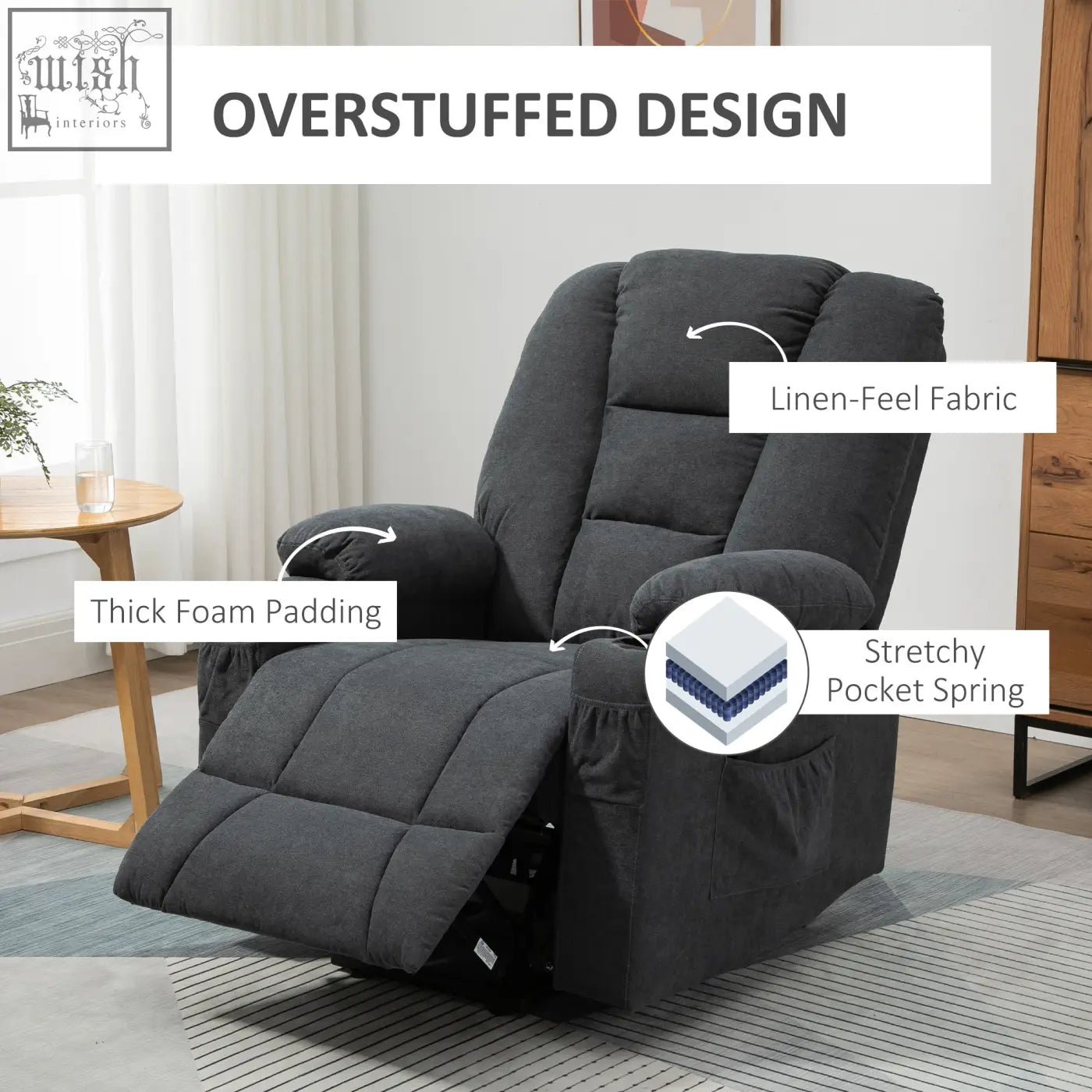 Dark gray oversized recliner with linen-feel fabric, thick foam padding, cup holder, and remote for standing position