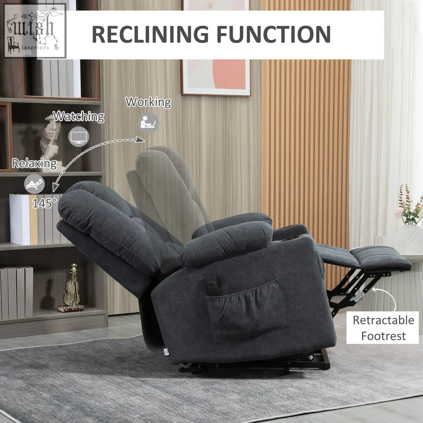 Charcoal grey homcom oversized fabric recliner chair with cup holder and standing position lift for elderly living room