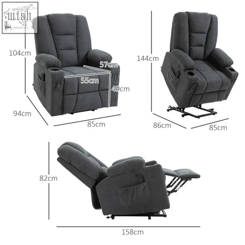 Charcoal grey fabric upholstered oversized recliner chair with cup holder side pockets and standing position lift feature