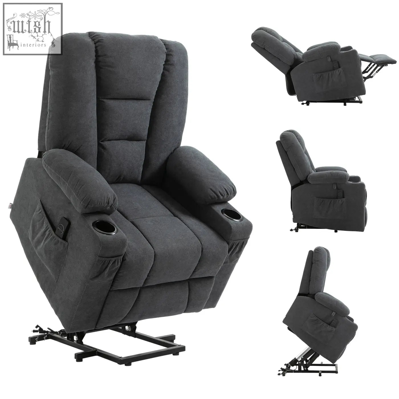 Dark gray upholstered electric recliner chair in charcoal grey with cup holder and side pockets for easy standing position