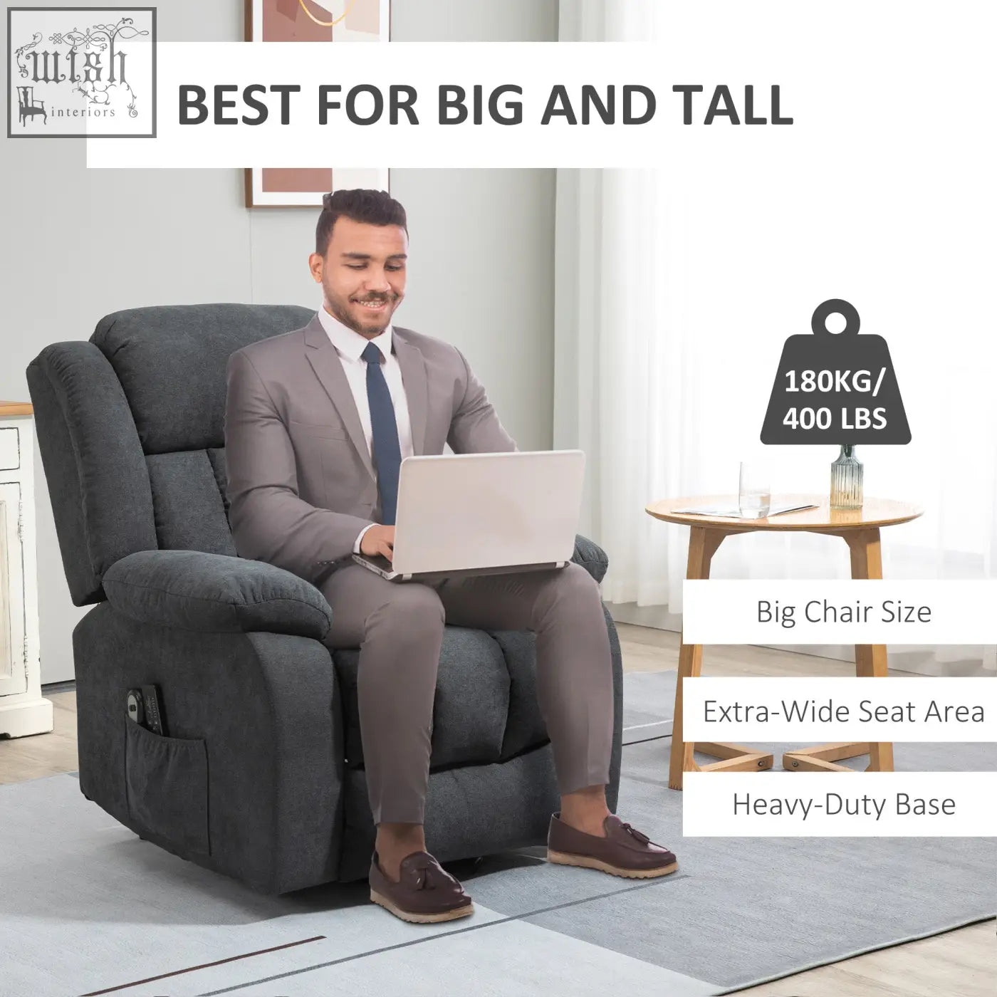 Dark grey fabric upholstered recliner with extra-wide seat and eight massage points for elderly comfort