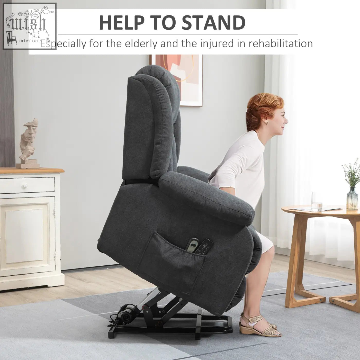 Dark gray fabric upholstered electric recliner with built-in standing support and eight massage points for elderly comfort