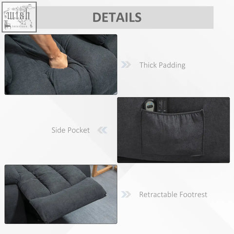 Dark gray fabric upholstered oversized recliner with eight massage points side pocket and retractable footrest for elderly