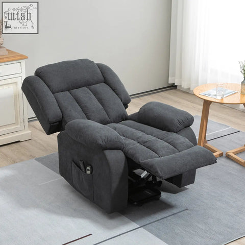 Dark gray fabric upholstered plush recliner with segmented cushioning eight massage points and built-in side pocket