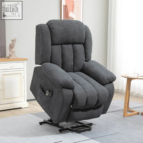 Dark gray fabric upholstered electric recliner chair with plush cushions black metal base and eight massage points for comfort