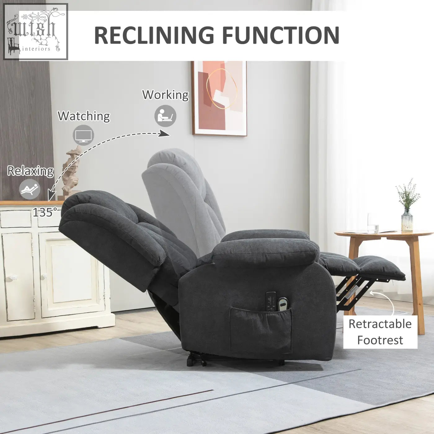 Dark grey fabric oversized recliner chair with 135 degree recline and eight massage points for elderly comfort