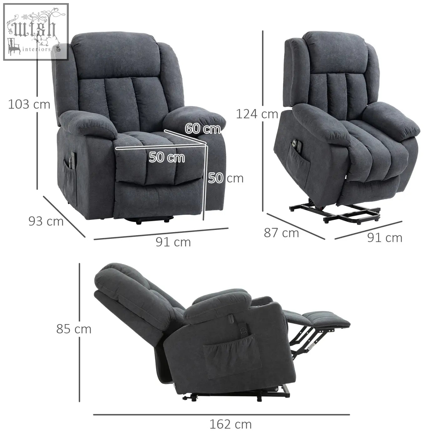 Dark gray fabric recliner chair with plush cushioning built-in footrest and eight massage points for elderly comfort