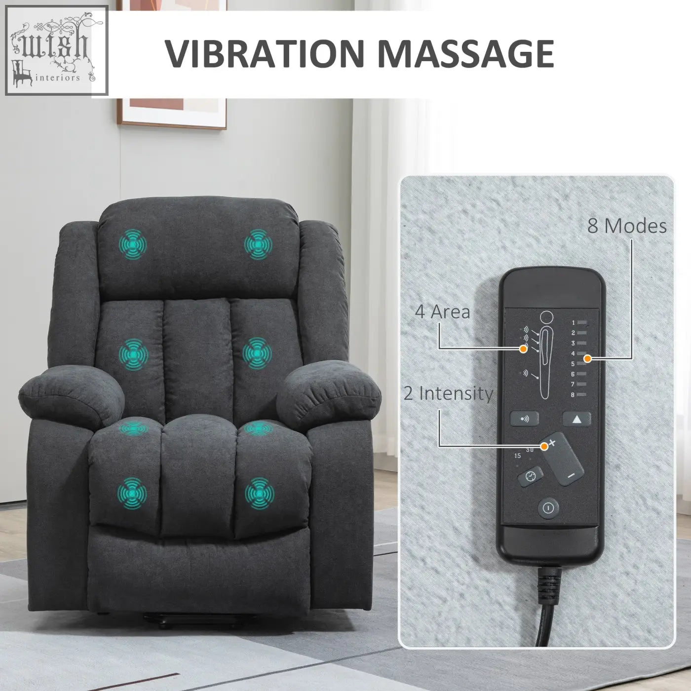 Black fabric recliner with eight massage points and remote control oversized riser and recliner chair for elderly