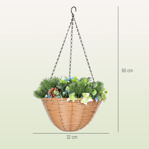 A woven wicker hanging basket with black metal chain filled with artificial flowers green pine needles ivy and pinecone for office decor