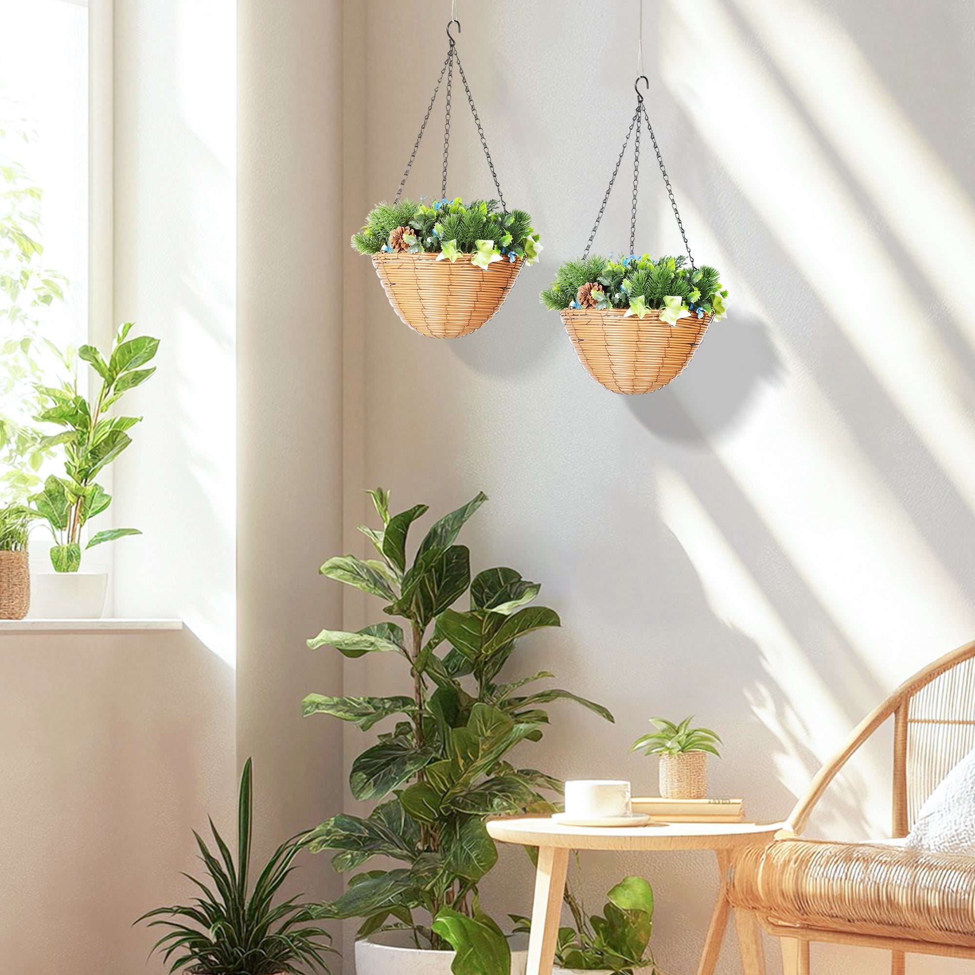 Woven wicker hanging plant baskets with chain suspension filled with green artificial flowers and pinecones for office decor