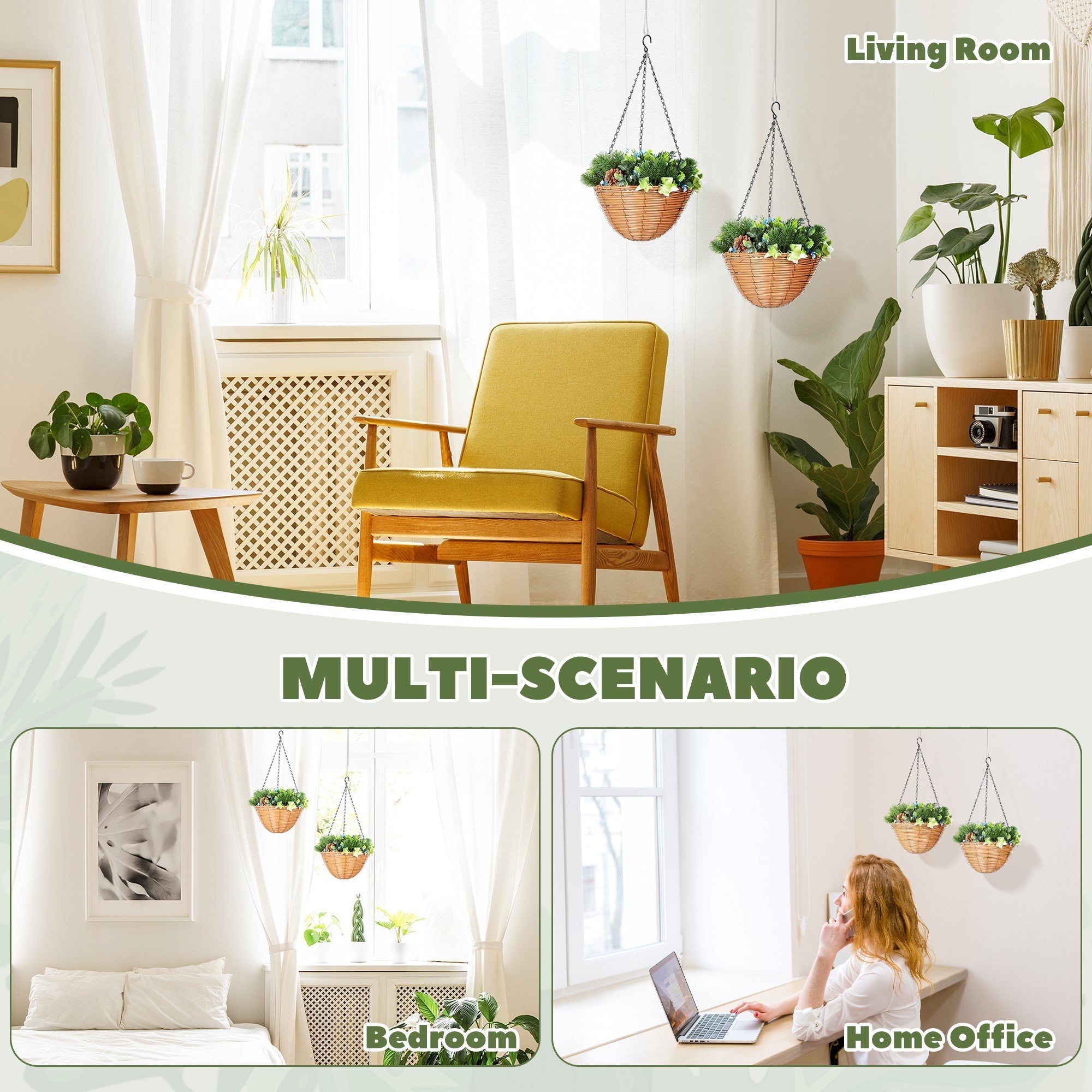 Woven wicker hanging plant baskets with green pe leaves and artificial flowers perfect for home office decor