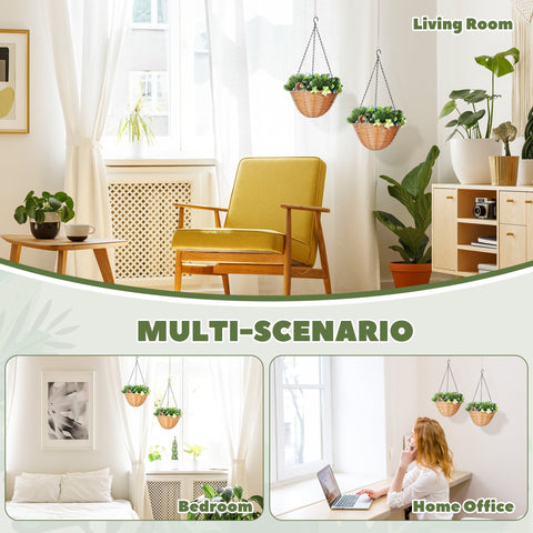 Woven wicker hanging plant baskets with green pe leaves and artificial flowers perfect for home office decor