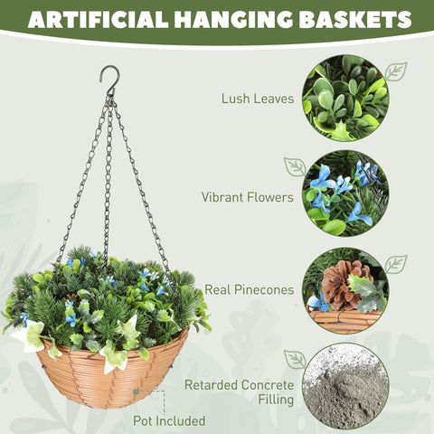 Woven wicker hanging basket with lush green artificial flowers and vibrant blue lisianthus for office decor