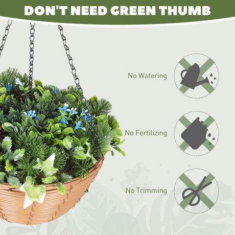 Woven wicker hanging basket with artificial flowers in blue and green pe leaves for office decor and home use