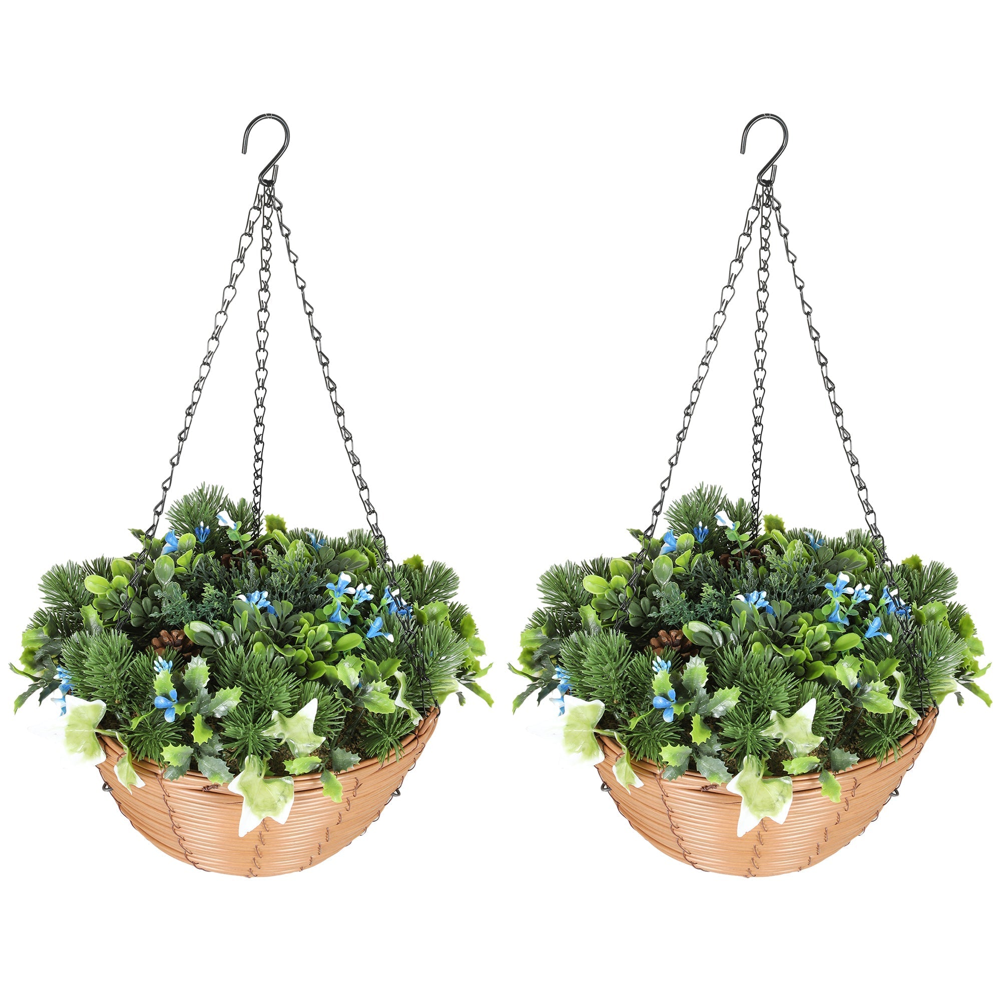 Woven wicker hanging plant baskets with artificial flowers blue lisianthus and greenery for office decor