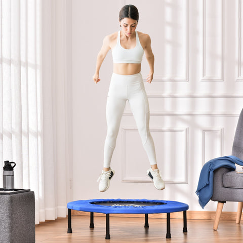 Blue homcom mini fitness trampoline with metal frame black legs and safety pad for indoor outdoor exercise