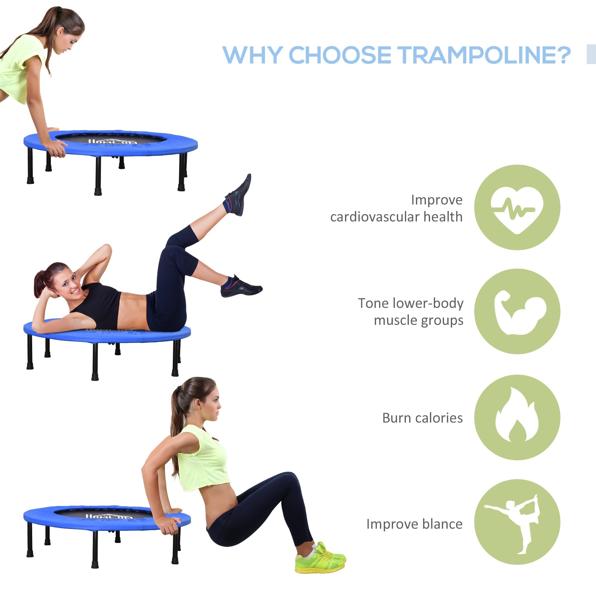 Blue and black homcom mini fitness trampoline with metal frame and safety pad for indoor outdoor exercise