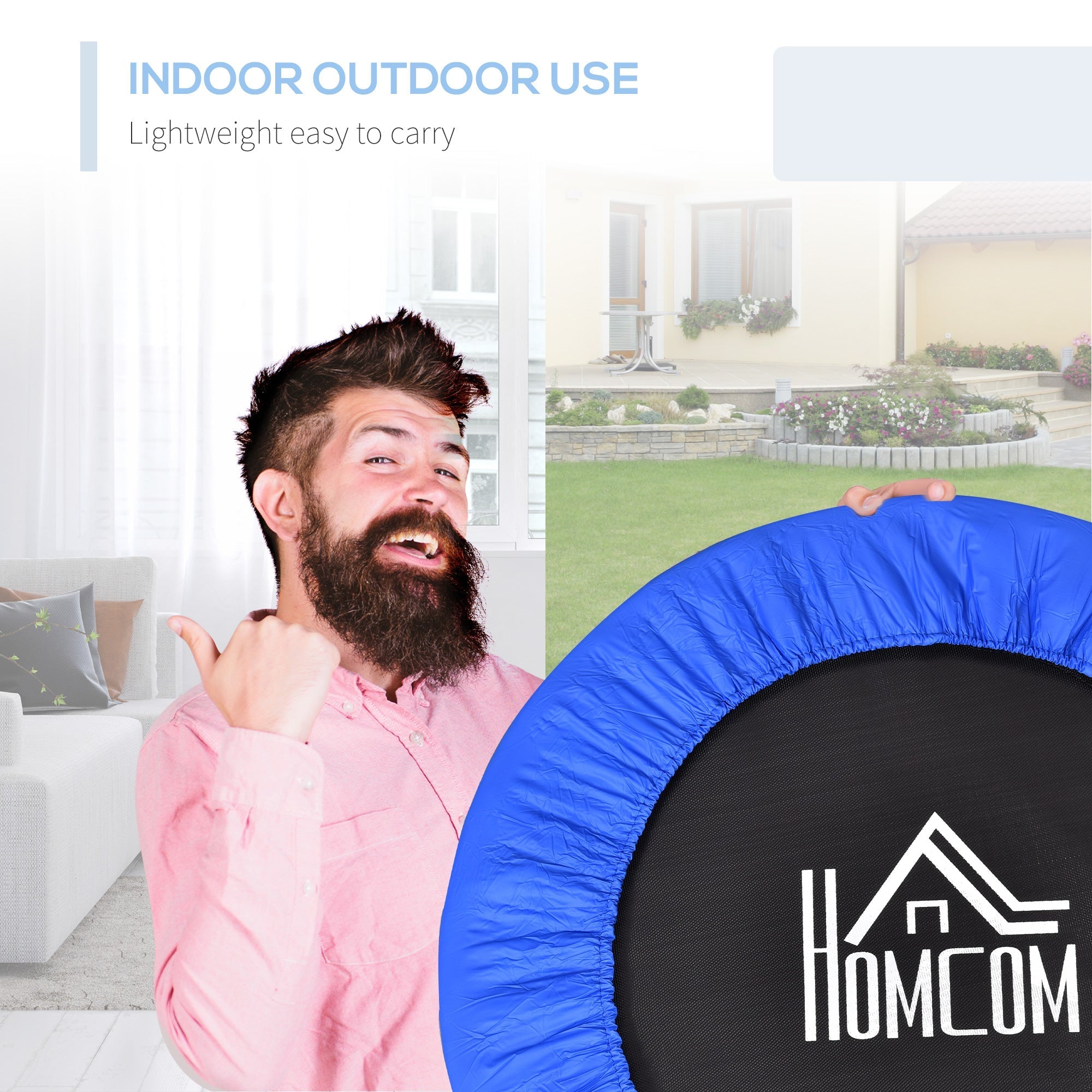 Blue and black homcom mini fitness trampoline with metal frame and padded safety rim for indoor outdoor use