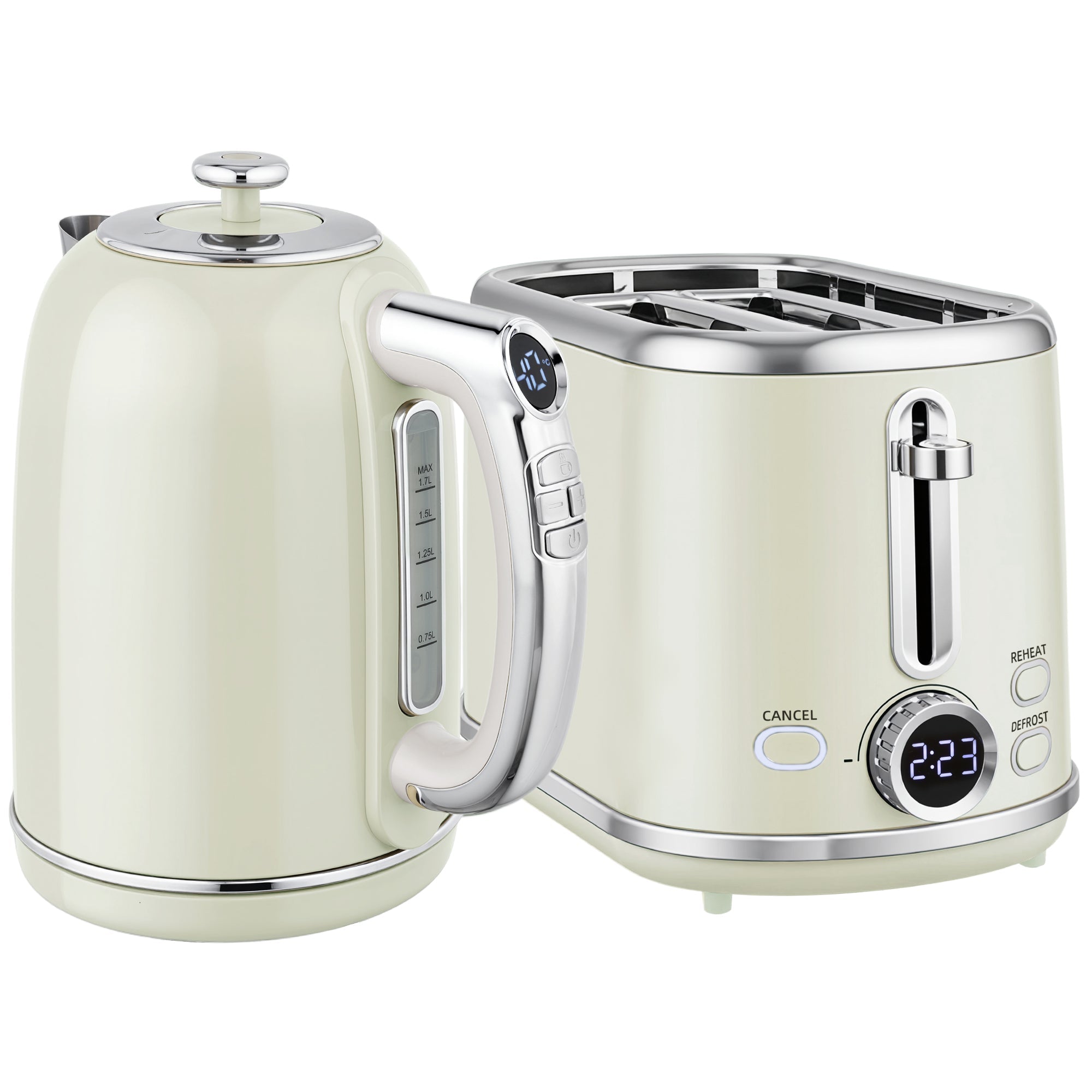 Cream-colored homcom retro-style electric kettle and toaster set with chrome accents and six browning levels 40-100°c