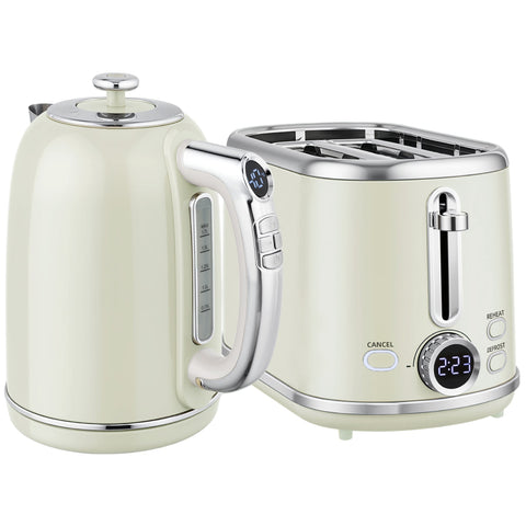 Cream-colored homcom retro-style electric kettle and toaster set with chrome accents and six browning levels 40-100°c