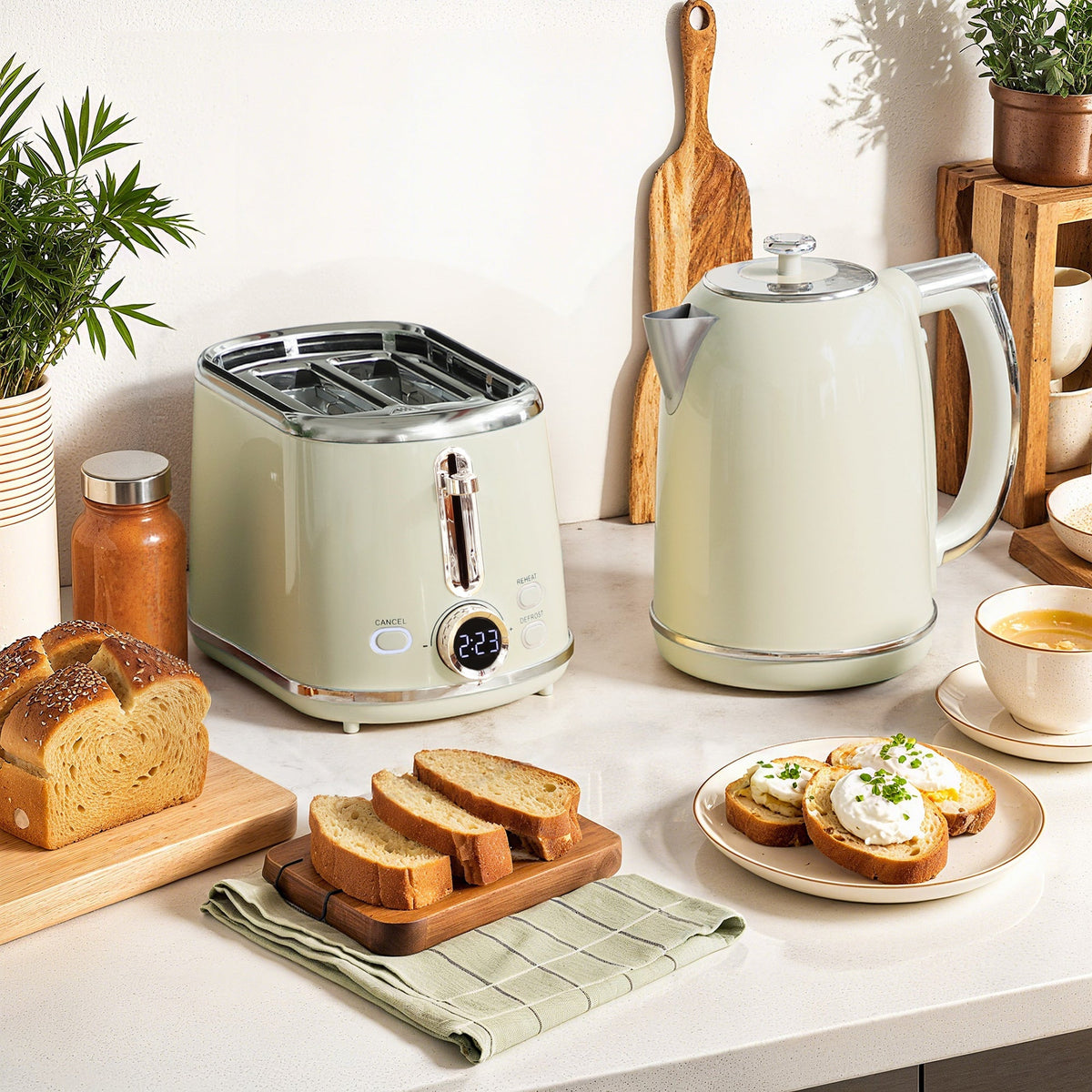 Cream-colored toaster with stainless steel accents and digital display part of homcom retro-style set with six browning levels