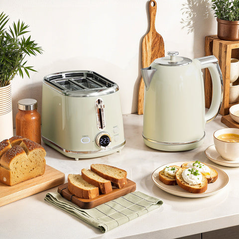 Cream-colored toaster with stainless steel accents and digital display part of homcom retro-style set with six browning levels
