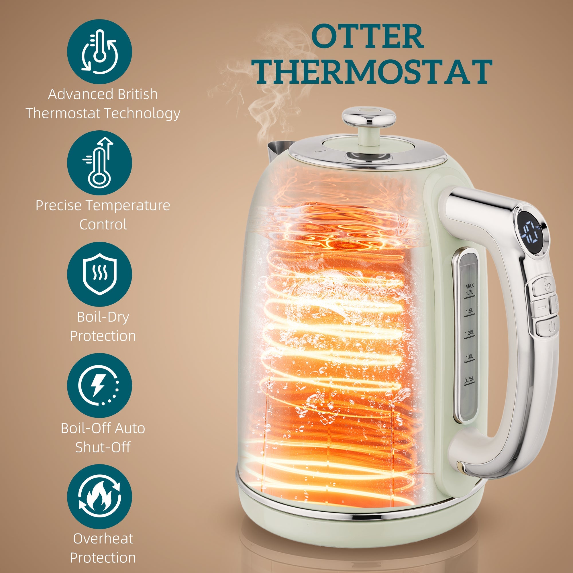 Cream electric kettle with glass body showing orange heating elements and silver handle in homcom retro-style set 40-100°c