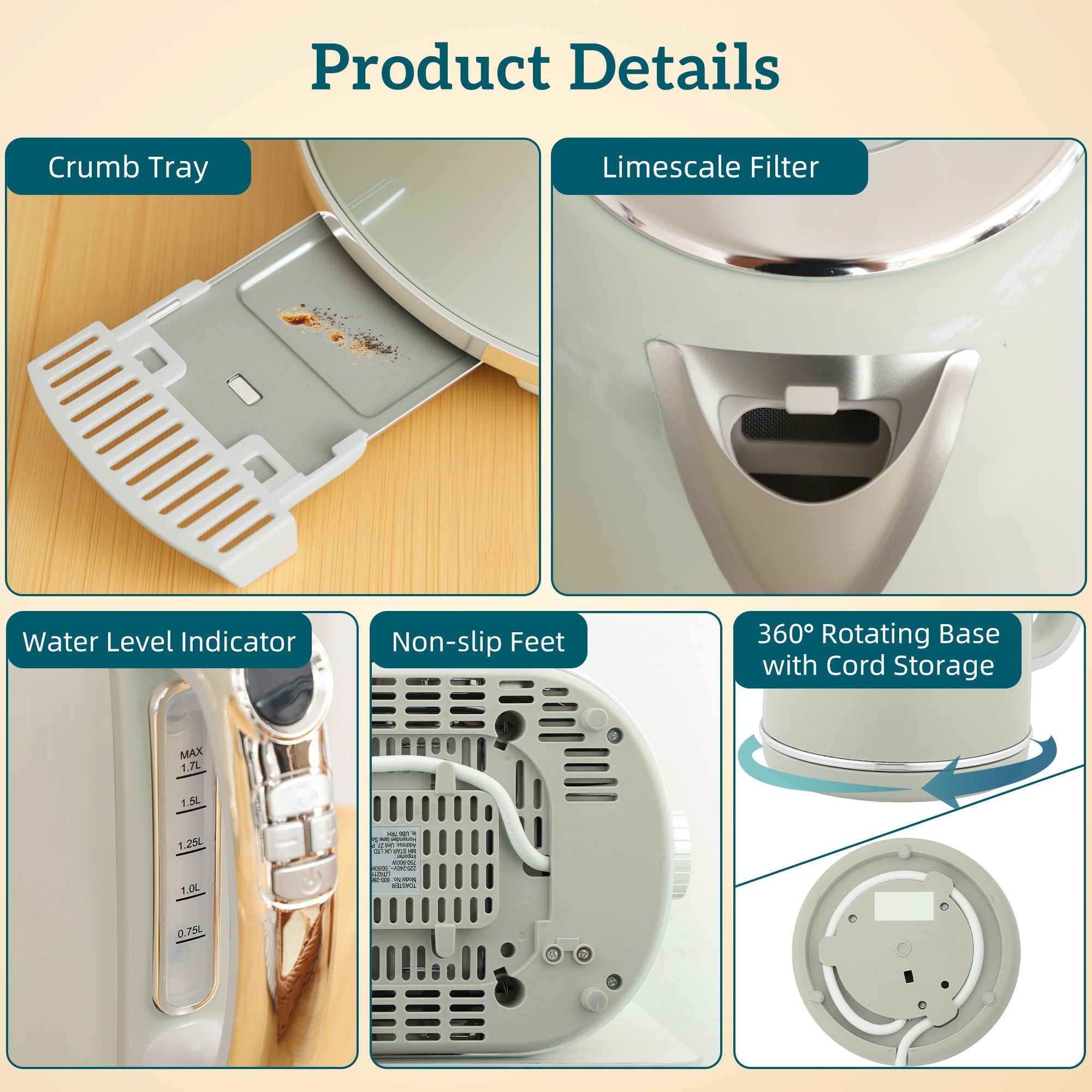 Cream-colored electric kettle with stainless steel accents in homcom retro-style set with six browning levels and 40-100°c control