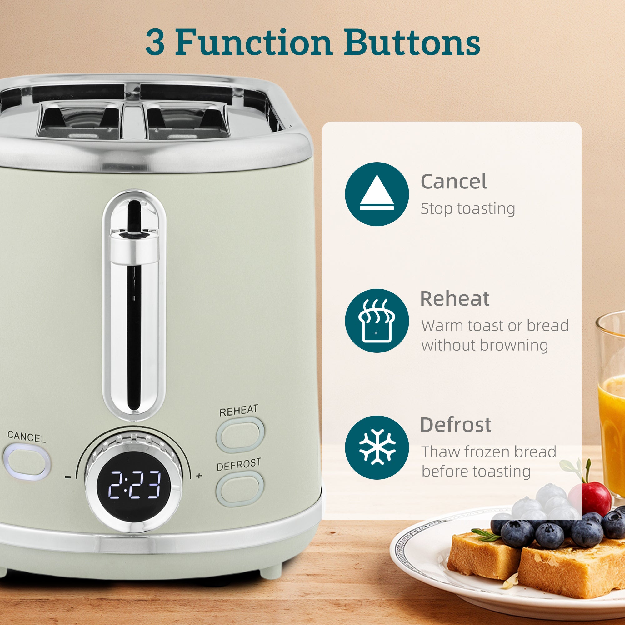 A sleek pale green retro-style toaster with stainless steel top and control panel featuring six browning levels and 40-100°c use