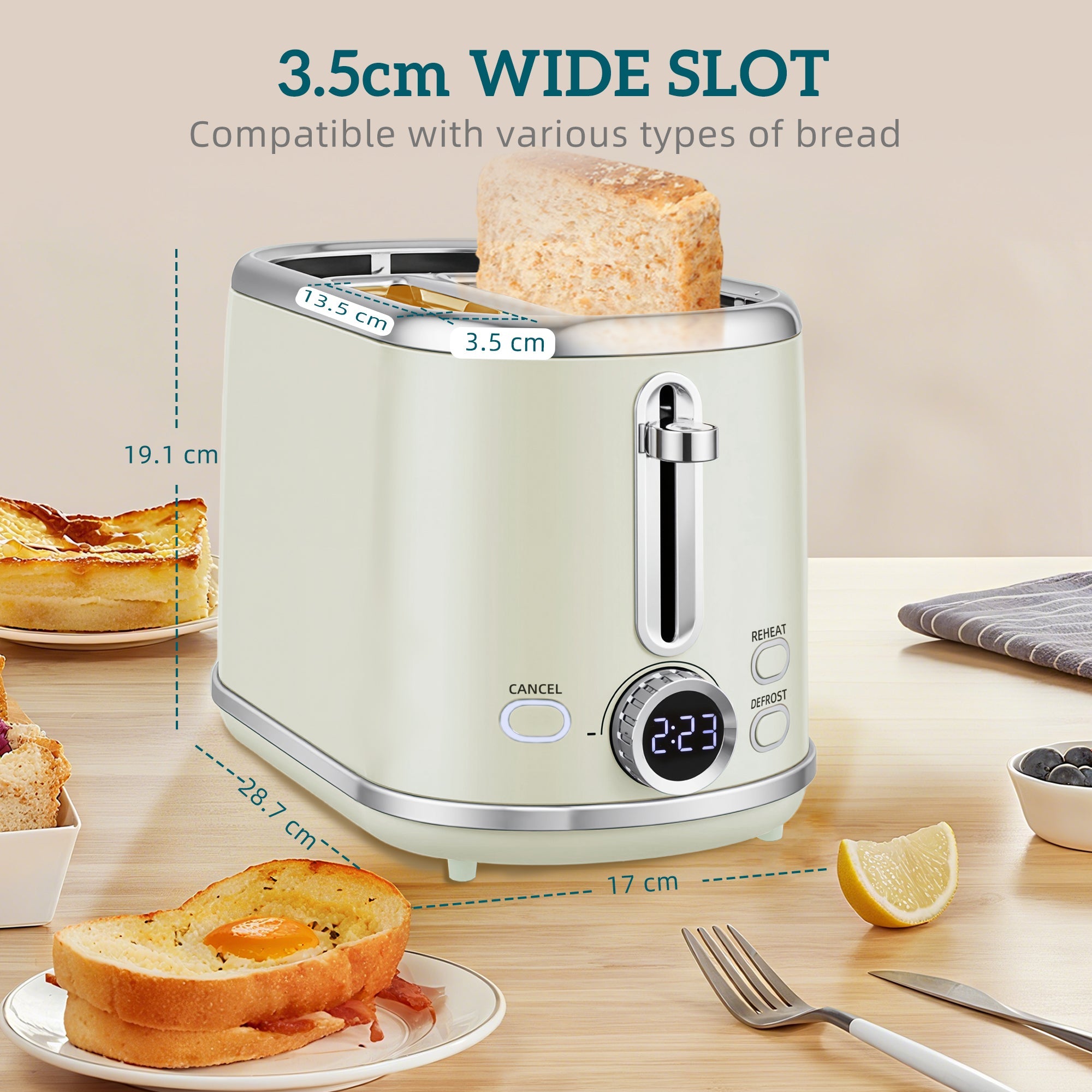 Cream-colored toaster with silver trim and digital display features a 3.5cm slot in the homcom retro-style set