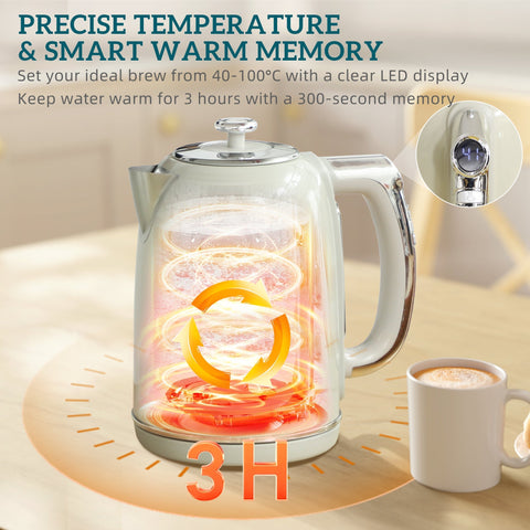 Clear glass electric kettle with stainless steel handle led display for 40-100°c temperature control in retro-style set
