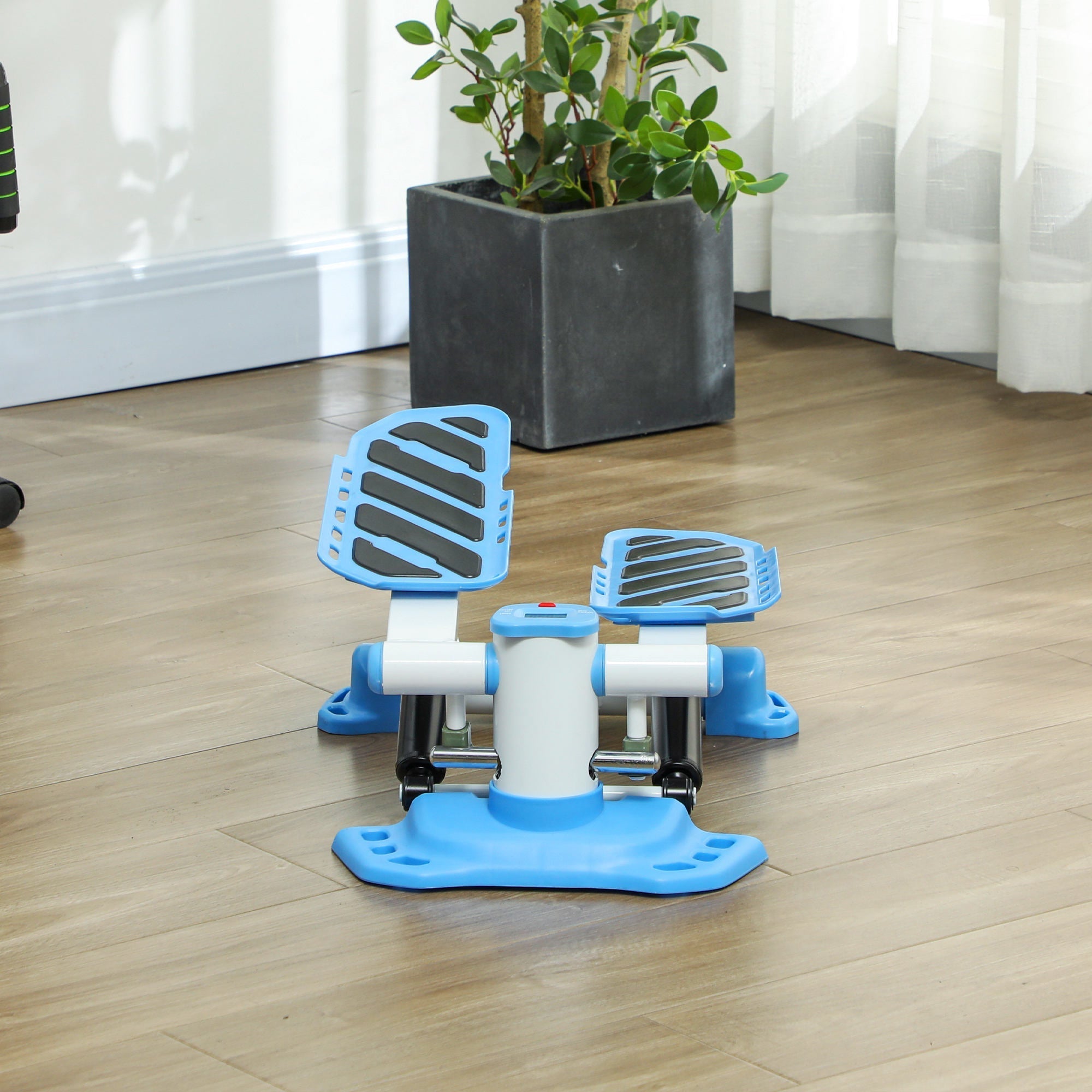 Blue and white homcom portable mini stepper with black rubber footpads and lcd display for home workout use