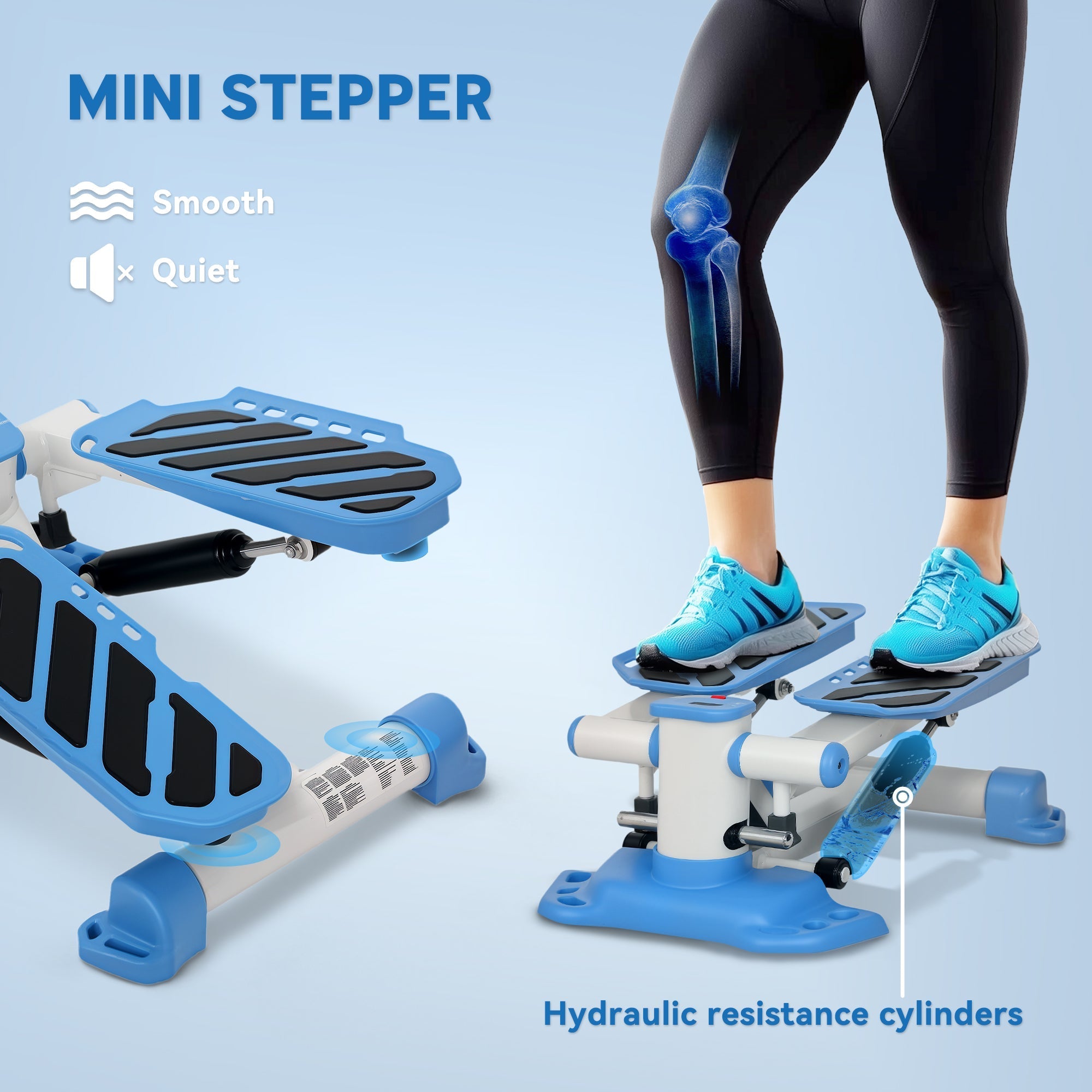 Blue and white homcom portable mini stepper with black rubber footpads and lcd display for home workouts