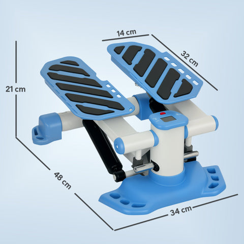 Blue and white homcom portable mini stepper with adjustable black rubber footpads and lcd monitor for home workouts