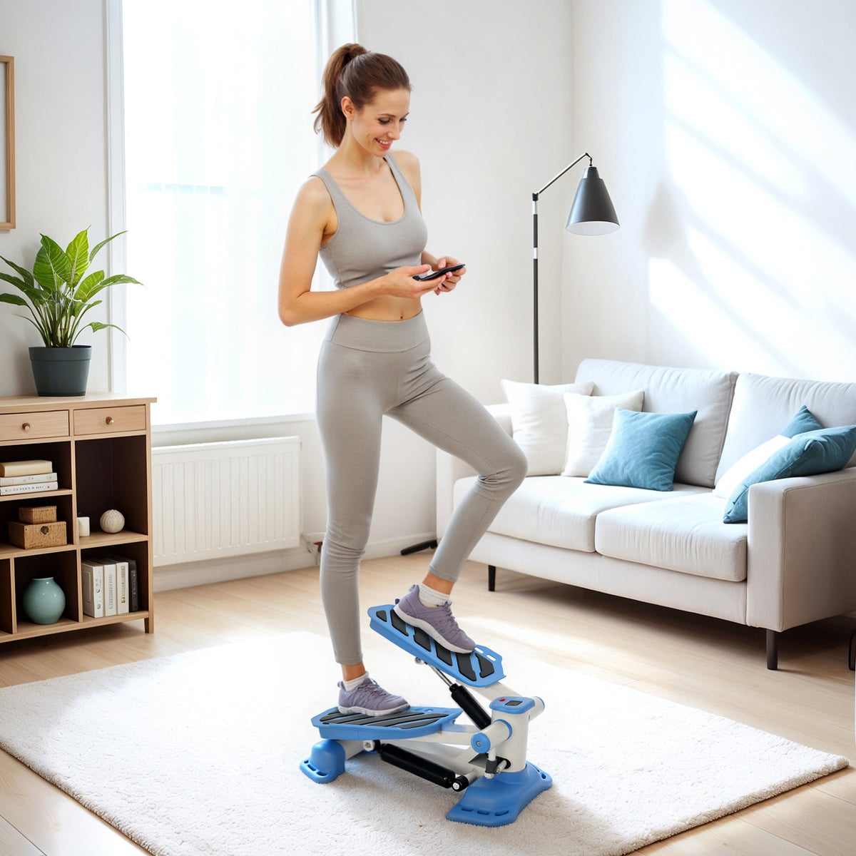 Homcom portable mini stepper in blue and white with lcd display and anti skid pedals for home gym workout